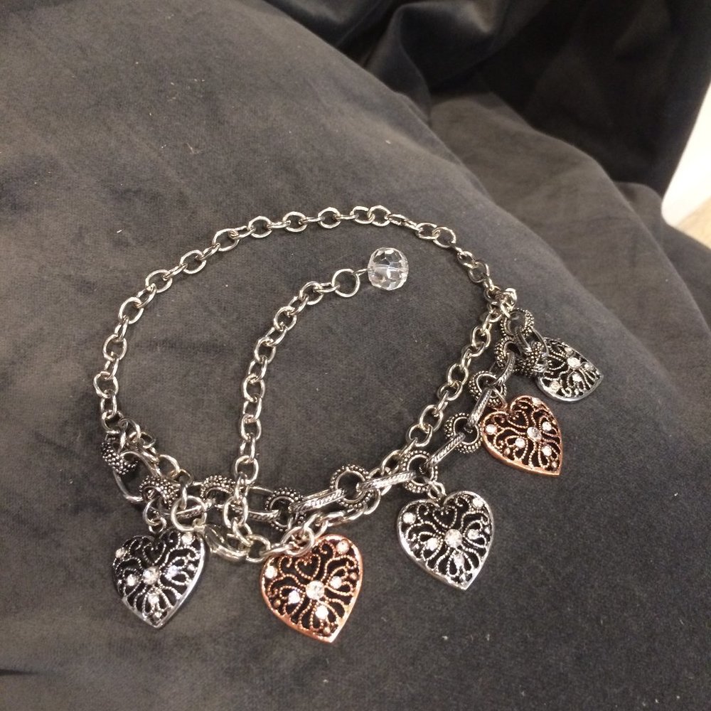 Silver and Copper Hearts with Rhinestones Bracelet